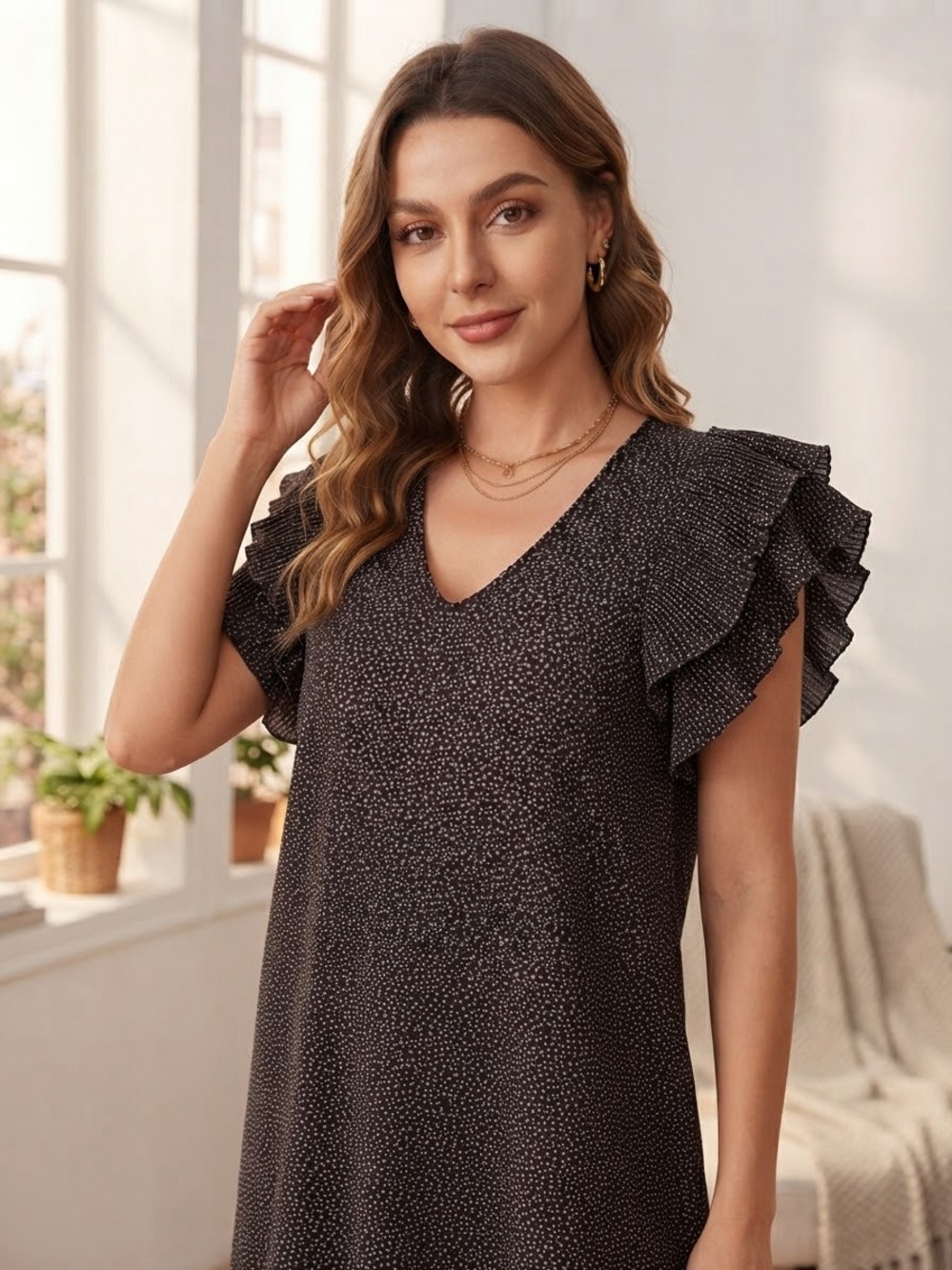 Adrianna Papell v neck top, short sleeves accented with micro pleats & ruffles